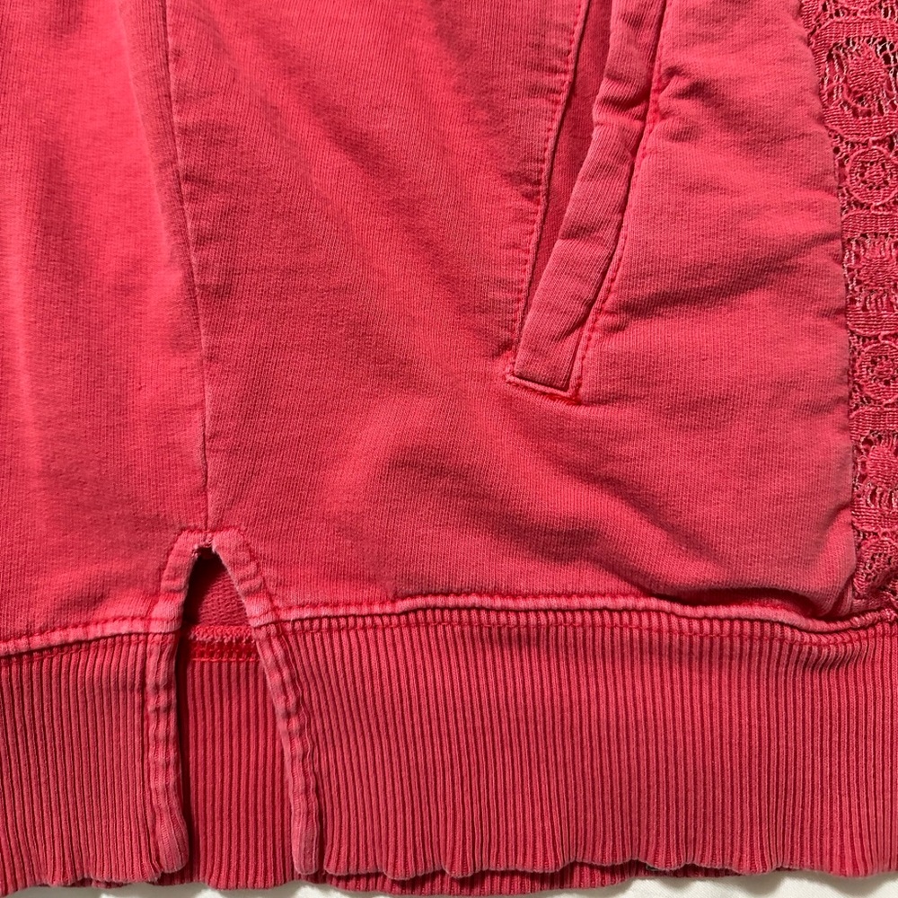 DKNY Jeans Deep Coral Front Lace Overlay Hooded Sweatshirt, Size L - Picture 7 of 10
